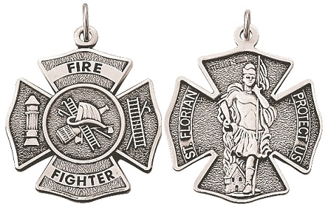 St. Florian Cross Firefighter Necklace - Sterling Silver Medal On 24" Stainless Chain (SM9041SH)
