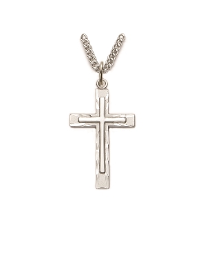 Men's Polished Cross on Cross - Sterling Silver Pendant On 24