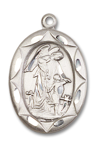 Large Embellished Guardian Angel Medal - Sterling Silver 1" x 5/8" Oval Pendant (0801ESS)