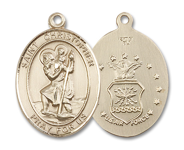 St. Christopher Air Force Medal - 14kt Gold Oval Pendant (3 Sizes)