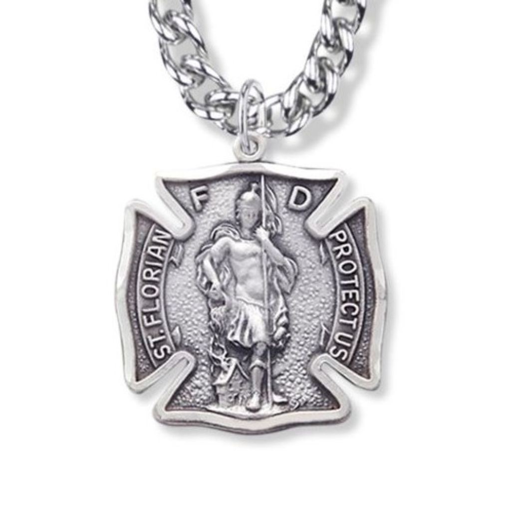 St. Florian Cross Fireman Necklace - Sterling Silver Medal On 24" Stainless Chain (SM0559SH)