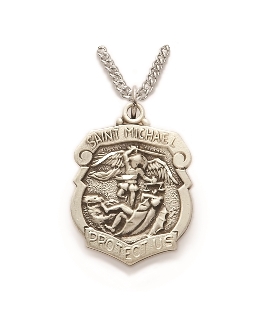 St Michael Police Shield Necklace - Sterling Silver Medal on 20" Stainless Chain (SM0537SH)
