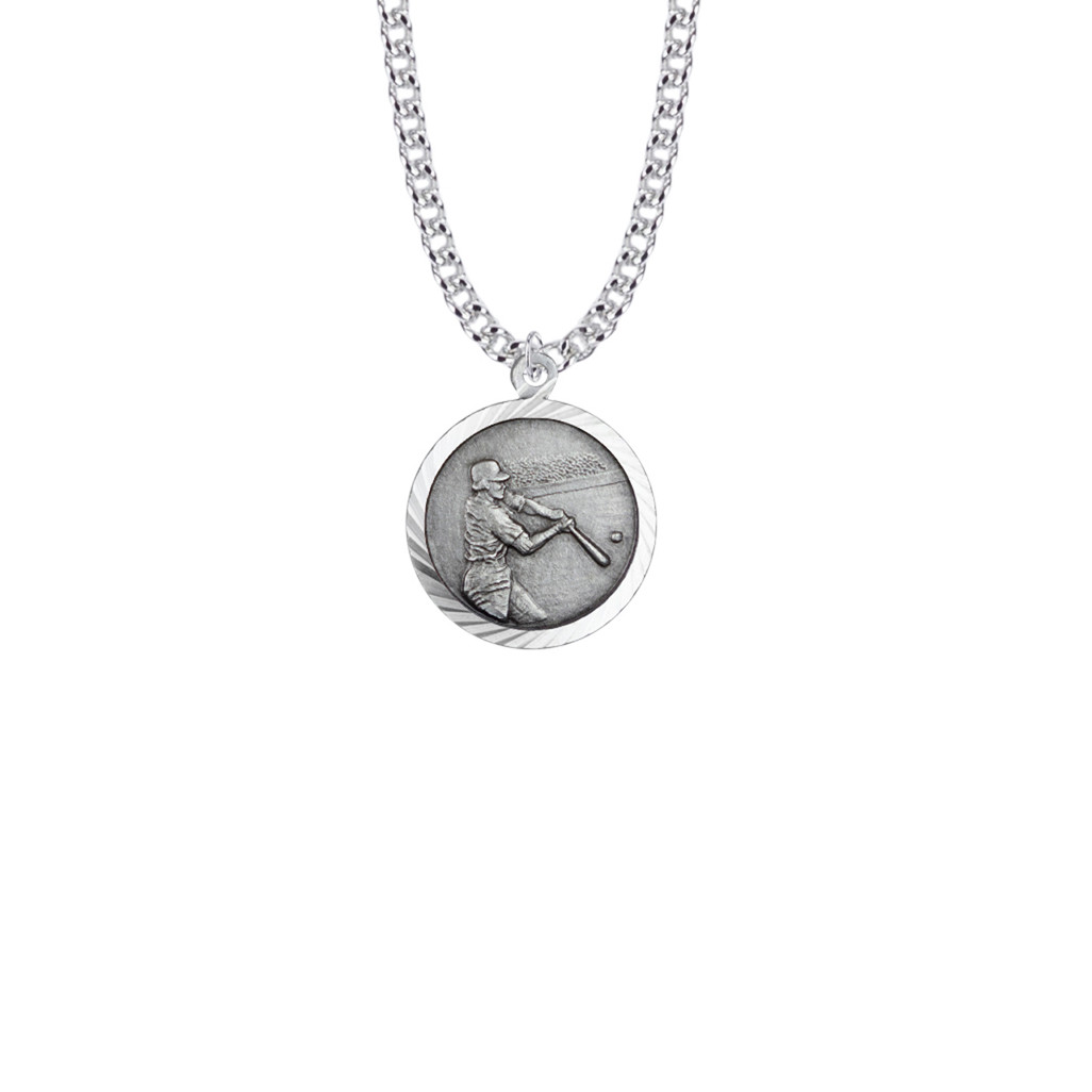 St. Christopher Baseball Necklace - Sterling Silver Round Medal On 20