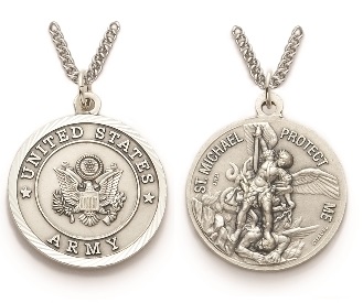 Large St. Michael Army Necklace - Sterling Silver Round Medal On 24" Stainless Chain (SM8248SH)