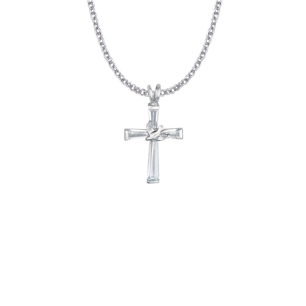 Holy Spirit Dove Cross Necklace - Sterling Silver Pendant (1.1" x 0.7") On 18" Stainl