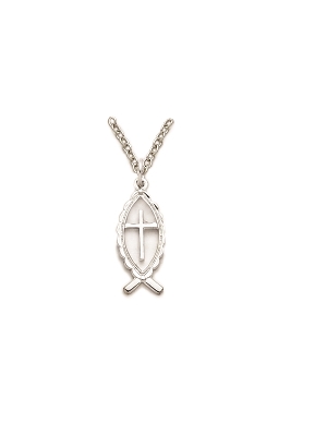 Fish Cross Necklace - Sterling Silver Pendant On 18" Stainless Chain (SM7891SH)