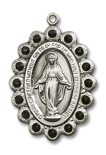 Black Bead Encrusted Miraculous Medal - Sterling Silver Oval Pendant (2 Sizes)