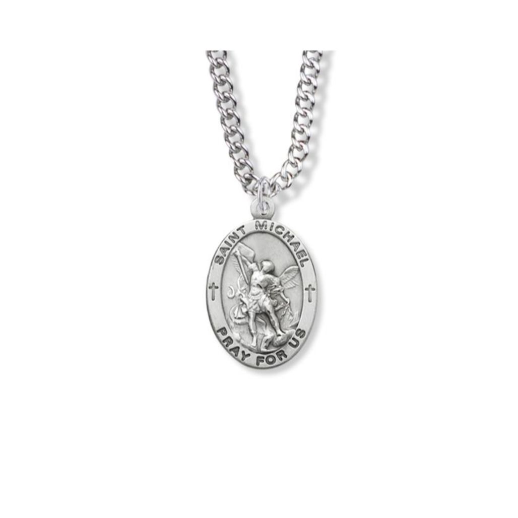 Large St. Michael Necklace - Sterling Silver Oval Medal On 24