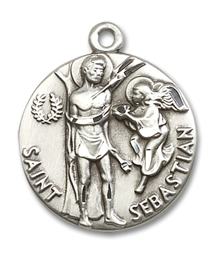 Large St. Sebastian Medal - Sterling Silver 1" x 7/8" Round Pendant (4239SS)