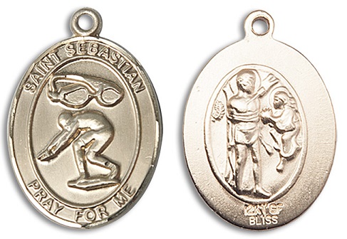 St. Sebastian Swimming Medal - 14kt Gold Oval Pendant (2 Sizes)