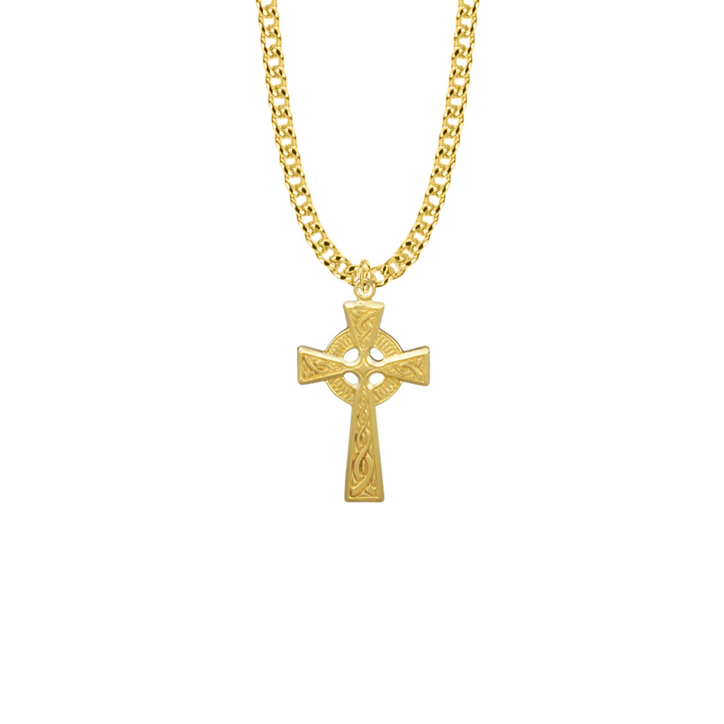 Men s Celtic Cross Necklace 14K Gold Filled Pendant On 24 Gold Plated Chain SX7905GH