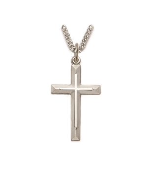 Beveled Cross Necklace - Sterling Silver Pendant on 24" Stainless Chain (SX7909SH)