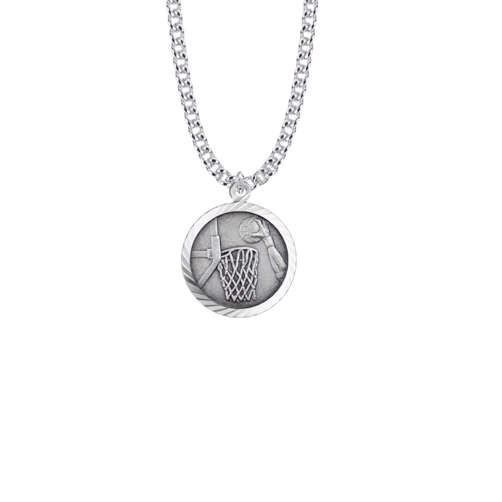 St. Christopher Boy's Basketball Necklace - Sterling Silver Round Medal On 20" Stainless Chain (SM09