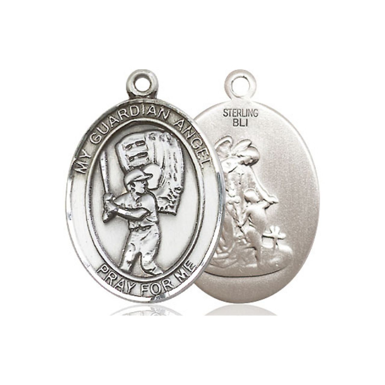 Guardian Angel Baseball Medal - Sterling Silver Oval Pendant (2 Sizes)