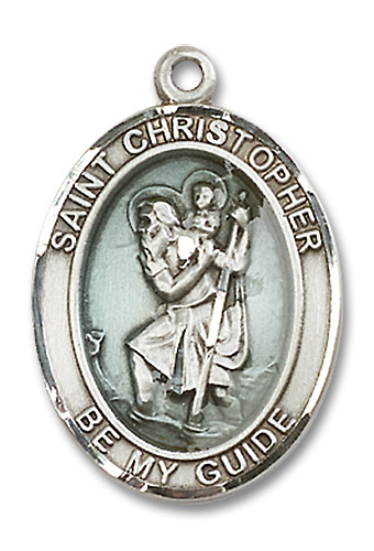 Blue St. Christopher Medal - Sterling Silver Oval Pendant (3 Sizes)