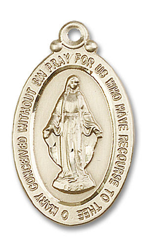 Large Miraculous Medal - 14kt Gold 1 1/8" x 5/8" Oval Pendant (4145M)