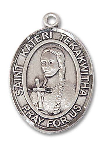 St. Kateri Tekakwitha with Cross Medal - Sterling Silver Oval Pendant (3 Sizes)