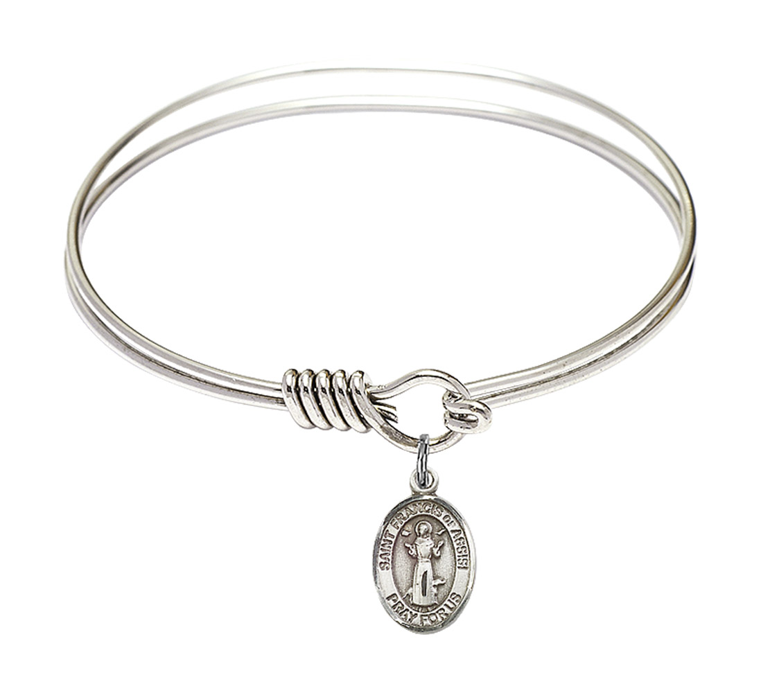 St Francis of Assisi Round Eye Hook Bangle Bracelet - Sterling Silver Charm - 6.25 Inch (9036SS)