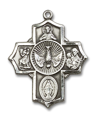 Large Holy Spirit 5-Way Medal - Sterling Silver 1 1/4