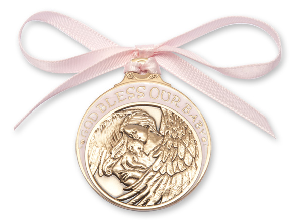 Gold Oxide Baby With Angel Crib Medal With Pink Ribbon - Pendant (4300PGX)