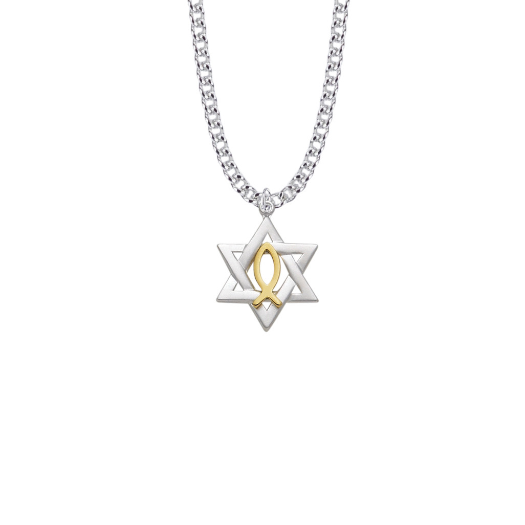 Star of David With Fish Two-Tone Necklace - Sterling Silver Medal On 24" Stainless Chain (SM8283SH)