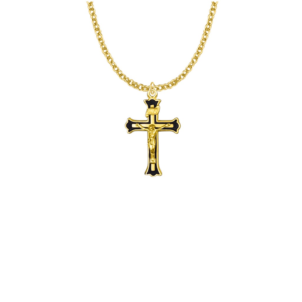 Black Border Crucifix Necklace - 24KT Gold Over Sterling Silver Pendant On 18" Gold Plated Chai