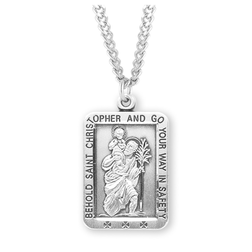 St. Christopher Rectangular Sterling Silver Necklace On A 24" Stainless Chain (S1520)