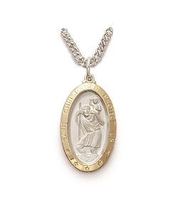 St. Christopher Necklace - Sterling Silver 2Tone Oval Pendant on 20