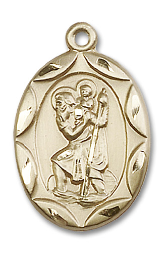 Large Embellished St. Christopher Medal - 14kt Gold 1" x 5/8" Oval Pendant (0801C)