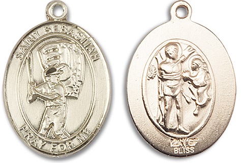 St. Sebastian Baseball Medal - 14kt Gold Oval Pendant (2 Sizes)