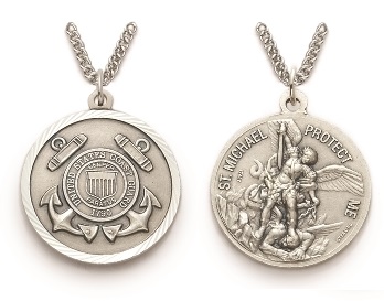 Large St. Michael Coast Guard Necklace - Sterling Silver Round Medal On 24" Stainless Chain (SM8468S