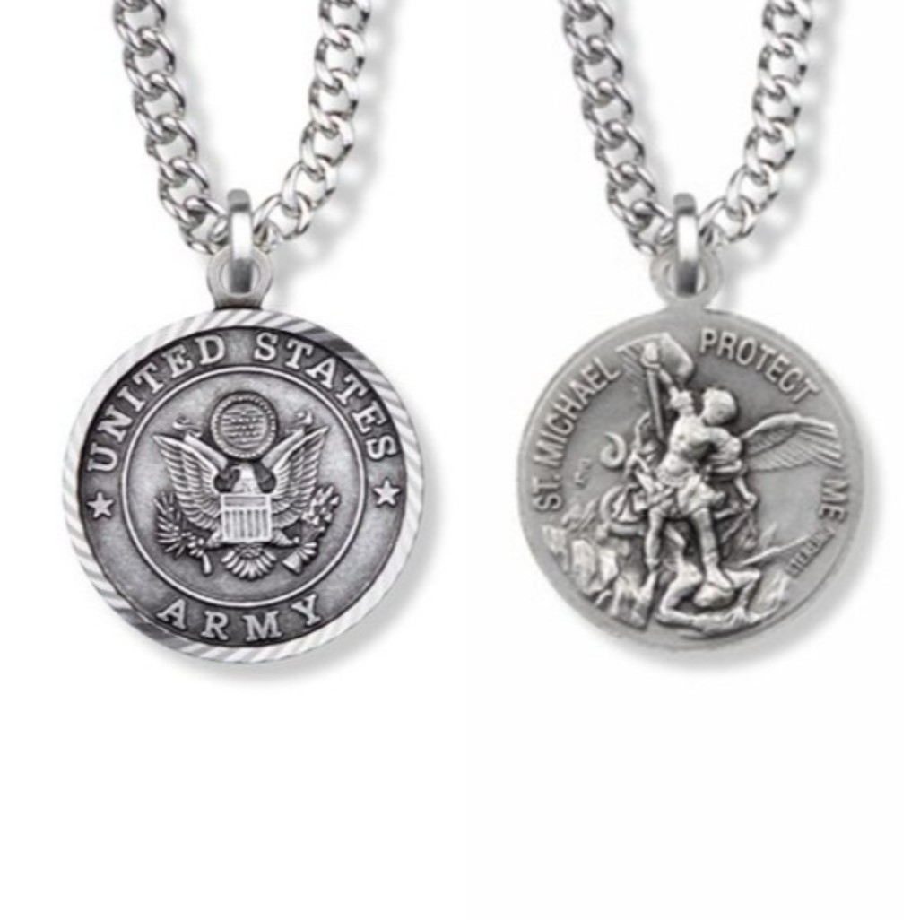 Small St. Michael Army Necklace - Sterling Silver Medal On 20" Stainless Chain (SM8256SH)