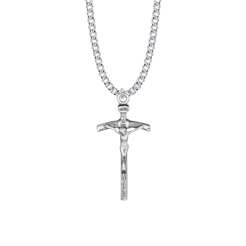 Mens Papal Crucifix Necklace - Sterling Silver Pendant On 24" Stainless Steel Chain (SX8374SH)