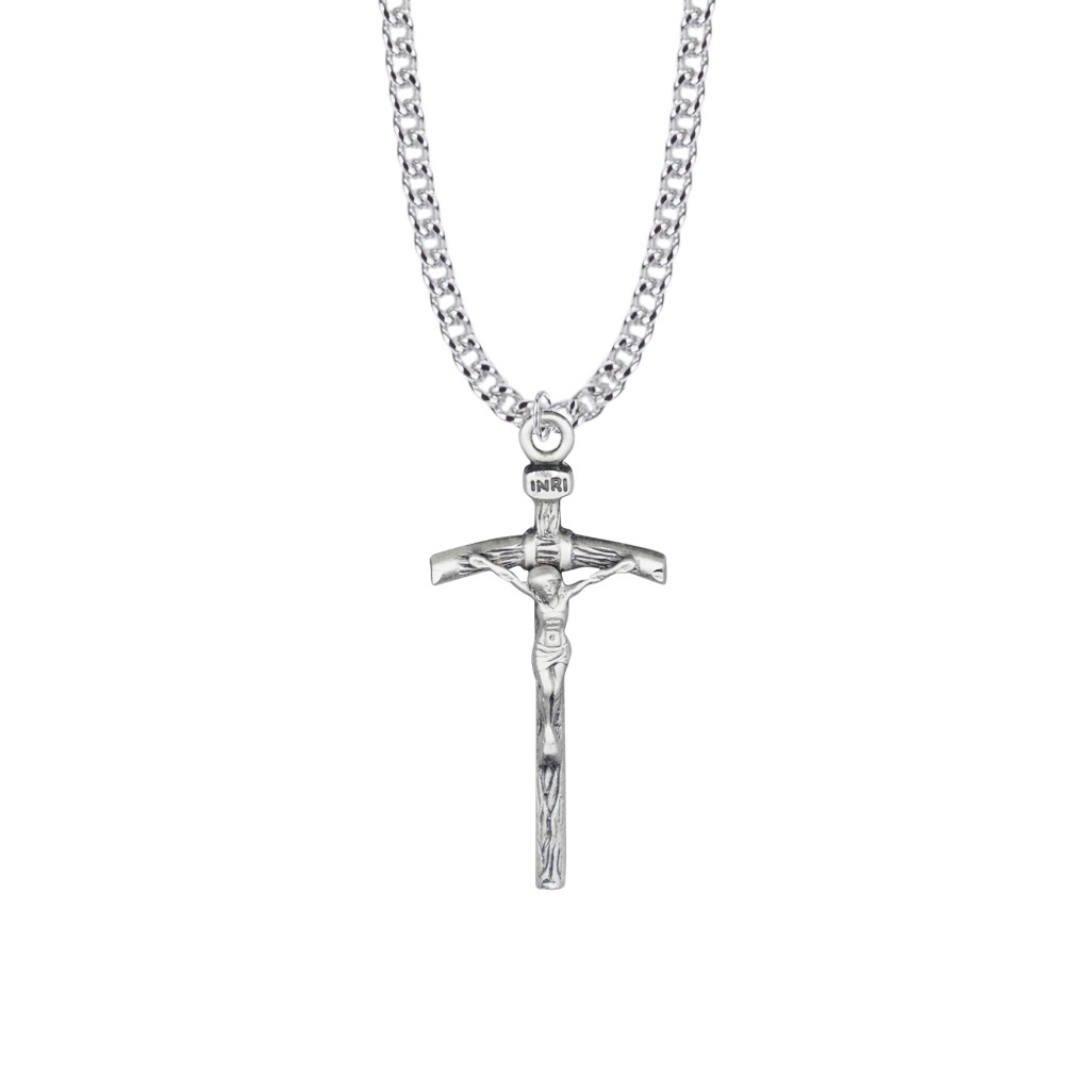 Mens Papal Crucifix Necklace - Sterling Silver Pendant On 24