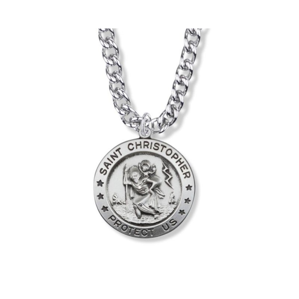 St. Christopher Necklace - Sterling Silver Round Medal on 24" Stainless Chain (SM8554SH)
