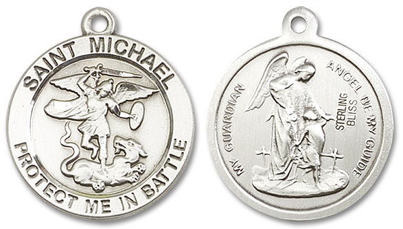 Large St. Michael & Guardian Angel Medal - Sterling Silver 1" x 7/8" Round Pendant (1170SS)