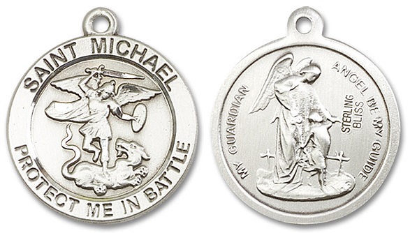 Large St. Michael & Guardian Angel Medal - Sterling Silver 1" x 7/8" Round Pendant (11