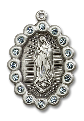 Aqua Bead Encrusted Our Lady of Guadalupe Medal - Sterling Silver Oval Pendant (2 Sizes)
