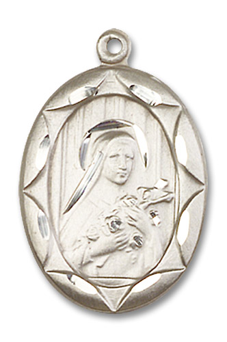 Large Embellished St. Theresa Medal - Sterling Silver 1" x 5/8" Oval Pendant (0801TSS)