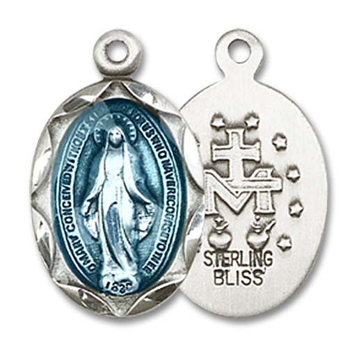 Blue Miraculous Medal - Sterling Silver 3/4