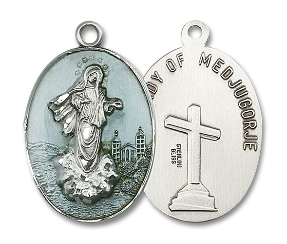 Blue Our Lady of Medjugorje Medal - Sterling Silver Oval Pendant (2 Sizes)