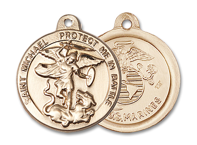St. Michael Marines Medal - 14kt Gold 7/8" x 3/4" Round Pendant (0344)