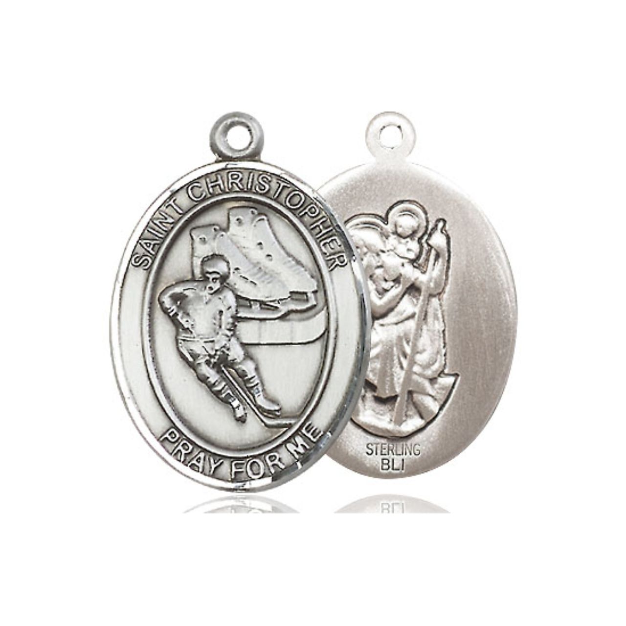 St. Christopher Hockey Medal - Sterling Silver Oval Pendant (2 Sizes)