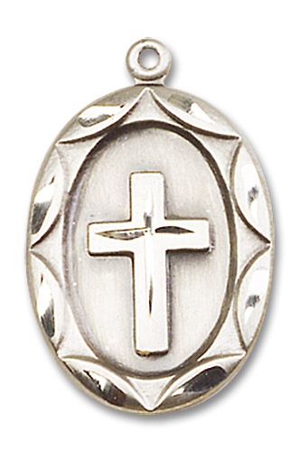 Large Embellished Cross Medal - Sterling Silver 1" x 5/8" Oval Pendant (0801YSS)