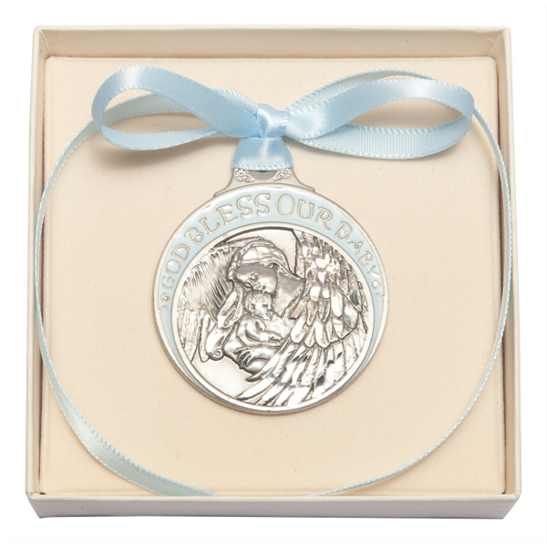 Pewter Baby With Angel Crib Medal With Blue Ribbon - Pendant (4300BPW)