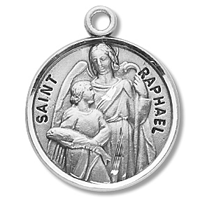 St. Raphael Medal - Sterling Silver - On 20" Stainless Chain - Sterling Silver 7/8" x 3/4" Round Pen
