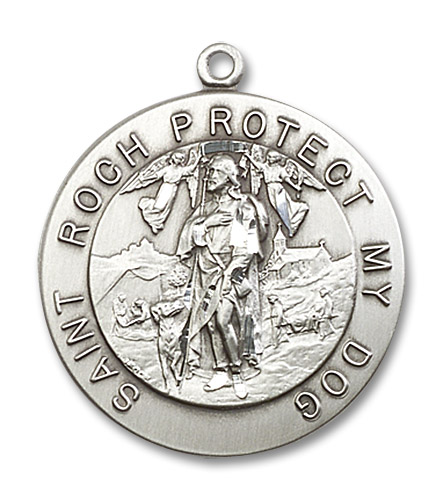 Large St. Roch "Protect My Dog" Medal - Sterling Silver 1 1/8" x 1"  Round Pendant (4270SS)