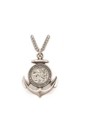 St. Christopher Anchor Necklace - Sterling Silver Medal On 24" Stainless Chain (SM8053SH)