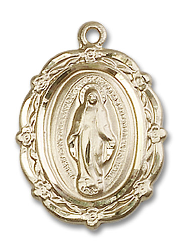 Embellished Miraculous Medal - 14kt Gold 7/8" x 5/8" Oval Pendant (4146M)