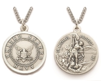 Large St. Michael Navy Necklace - Sterling Silver Round Medal On 24" Stainless Chain (SM8249SH)